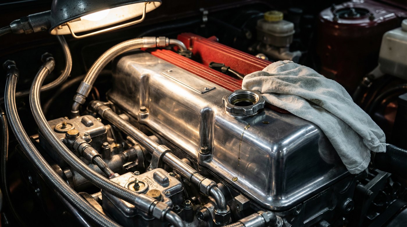 Close-up of a performance engine bay during service